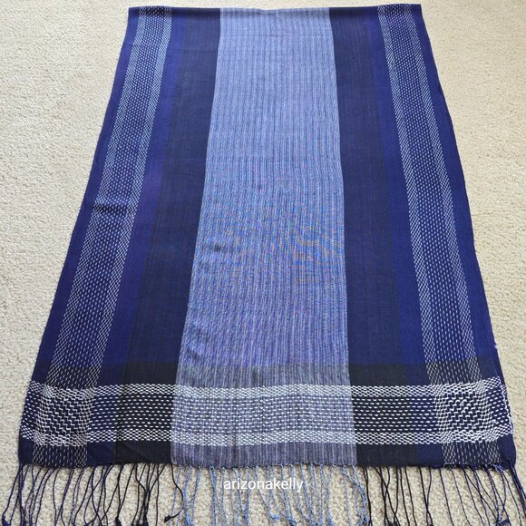Blue Lightweight Summer Scarf with White Stitch Detail - Picture 2 of 13